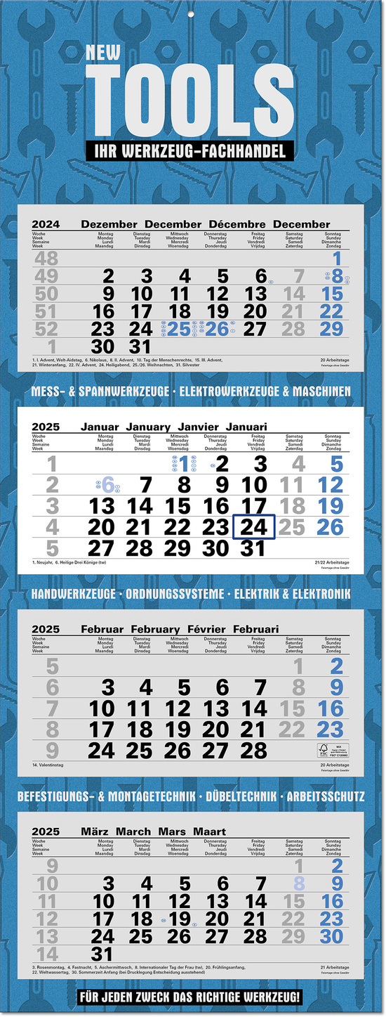 4-Monatsplaner "Ocean-4" mit deutsch-mehrsprachigem Kalendarium im Format 33 x 87,5 cm, grau/blau