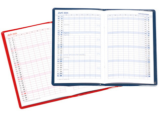 Taschenkalender "Status" im Format 9,5 x 16 cm, Kalendarium Grau/Rot, 32 Seiten gebunden + 16 Seiten ABC-Heft, eingesteckt in Slinky-Hülle bordeaux
