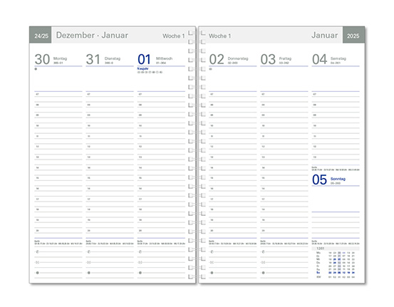 Wochentimer "Luxus" im Format 17 x 25 cm, deutsche Version, 128 Seiten, Wire-O-Bindung, ohne Eckenperforation, PP-Einband transparent