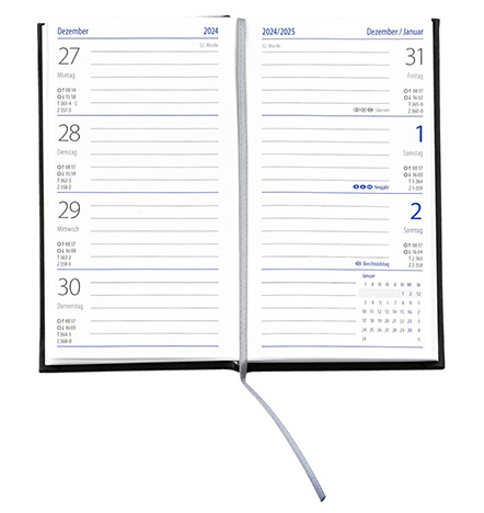 Taschenkalender "Klassik" im Format 8,7 x 15,3 cm, deutsches Kalendarium Grau/Blau mit Leseband, 128 Seiten Fadenheftung, Einband Slinky dunkelblau