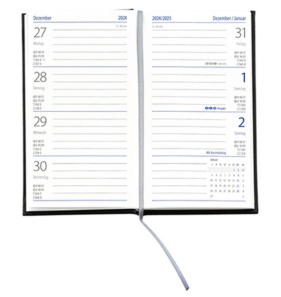 Taschenkalender "Klassik" im Format 8,7 x 15,3 cm, deutsches Kalendarium Grau/Blau mit Leseband, 128 Seiten Fadenheftung, Einband Slinky dunkelblau