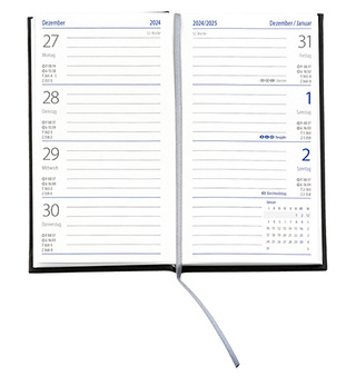 Taschenkalender "Klassik" im Format 8,7 x 15,3 cm, deutsches Kalendarium Grau/Blau mit Leseband, 128 Seiten Fadenheftung, Einband Balacron weiß