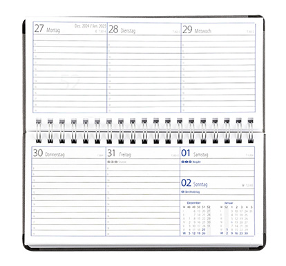 Taschenkalender "Horizontal" im Format 17 x 8 cm, deutsches Kalendarium Grau/Blau, 144 Seiten, Wire-O-Bindung, Eckenperforation, Deckelpaar Balacron weiß