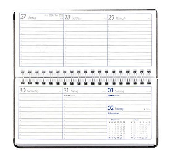 Taschenkalender "Horizontal" im Format 17 x 8 cm, deutsches Kalendarium Grau/Blau, 144 Seiten, Wire-O-Bindung, Eckenperforation, Deckelpaar Balacron weiß