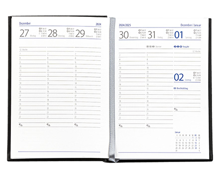 Taschenkalender "Taschenbuch Woche" im Format 10,5 x 14,8 cm, deutsches Kalendarium Grau/Blau mit Leseband, 144 Seiten Fadenheftung, Einband Balacron schwarz