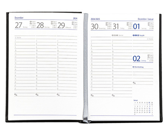 Taschenkalender "Taschenbuch Woche" im Format 10,5 x 14,8 cm, deutsches Kalendarium Grau/Blau mit Leseband, 144 Seiten Fadenheftung, Einband Balacron schwarz