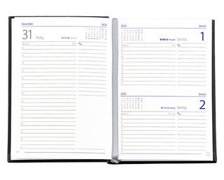 Taschenkalender "Taschenbuch Tag" im Format 10,5 x 14,8 cm, deutsches Kalendarium Grau/Blau mit Leseband, 352 Seiten Fadenheftung, Eckenperforation, Einband Slinky bordeaux