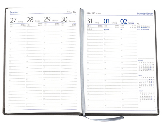Wochenkalender "Klassik D" im Format 14,5 x 20,5 cm, deutsches Kalendarium Grau/Blau mit Leseband, 144 Seiten Fadenheftung, Eckenperforation, Einband Magic hellbraun