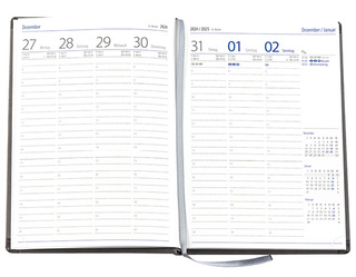 Wochenkalender "Klassik D" im Format 14,5 x 20,5 cm, deutsches Kalendarium Grau/Blau mit Leseband, 144 Seiten Fadenheftung, Eckenperforation, Einband Magic rot