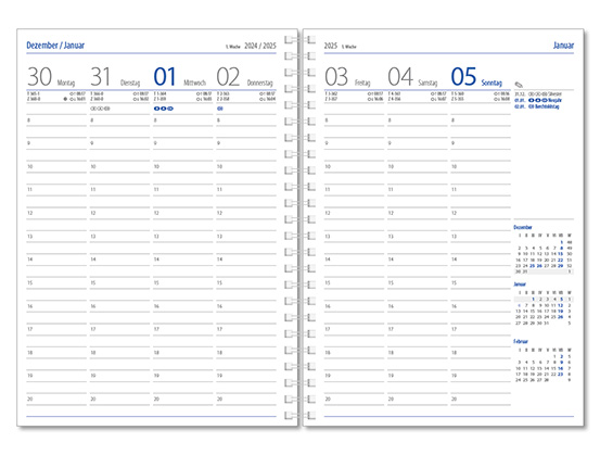 Wochenkalender "Klassik D Wire" im Format 14,5 x 20,5 cm, deutsches Kalendarium Grau/Blau, 144 Seiten, Wire-O-Bindung, mit Eckenperforation, Deckelpaar Slinky dunkelblau
