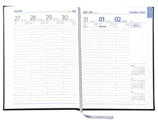 Wochenkalender "Business D" im Format 17,2 x 24 cm, deutsches Kalendarium Grau/Blau mit Leseband, 144 Seiten Fadenheftung, Eckenperforation, Einband Slinky bordeaux