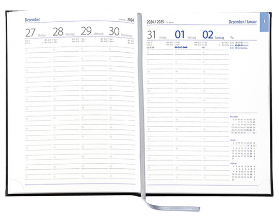 Wochenkalender "Business D" im Format 17,2 x 24 cm, deutsches Kalendarium Grau/Blau mit Leseband, 144 Seiten Fadenheftung, Eckenperforation, Einband Fashion dunkelblau