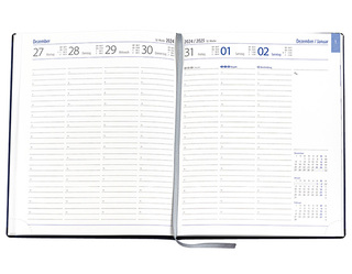 Wochenkalender "Manager D" im Format 21 x 26 cm, deutsches Kalendarium Grau/Blau mit Leseband, 144 Seiten Fadenheftung, Eckenperforation, Einband Slinky schwarz