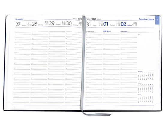 Wochenkalender "Manager D" im Format 21 x 26 cm, deutsches Kalendarium Grau/Blau mit Leseband, 144 Seiten Fadenheftung, Eckenperforation, Einband Magic rot
