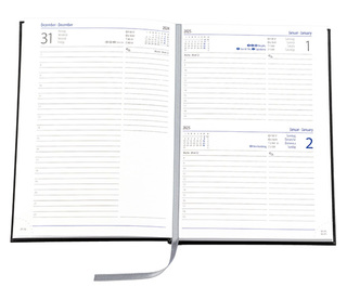 Buchkalender "Trend Chefkalender INT" im Format 14,5 x 20,5 cm, Kalendarium 4-sprachig D/F/I/GB Grau/Blau mit Leseband, 352 Seiten Fadenheftung, Eckenperforation, Einband Slinky mittelblau