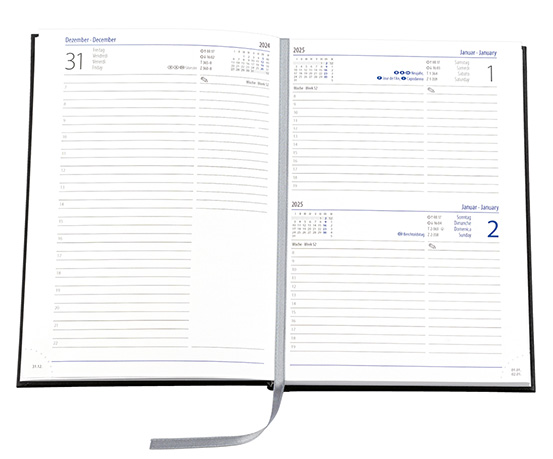 Buchkalender "Trend Chefkalender INT" im Format 14,5 x 20,5 cm, Kalendarium 4-sprachig D/F/I/GB Grau/Blau mit Leseband, 352 Seiten Fadenheftung, Eckenperforation, Einband Magic rot