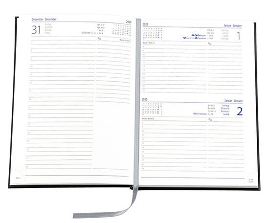 Buchkalender "Trend Chefkalender INT" im Format 14,5 x 20,5 cm, Kalendarium 4-sprachig D/F/I/GB Grau/Blau mit Leseband, 352 Seiten Fadenheftung, Eckenperforation, Einband Magic rot