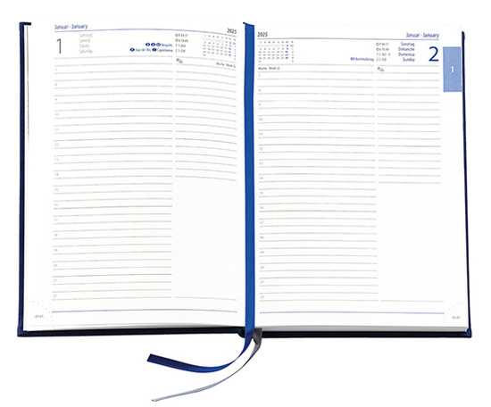 Buchkalender "Daily Chefkalender INT" im Format 14,5 x 20,5 cm, Kalendarium 4-sprachig D/F/I/GB Grau/Blau mit 2 Lesebändern, 416 Seiten Fadenheftung, Eckenperforation, Einband Slinky schwarz