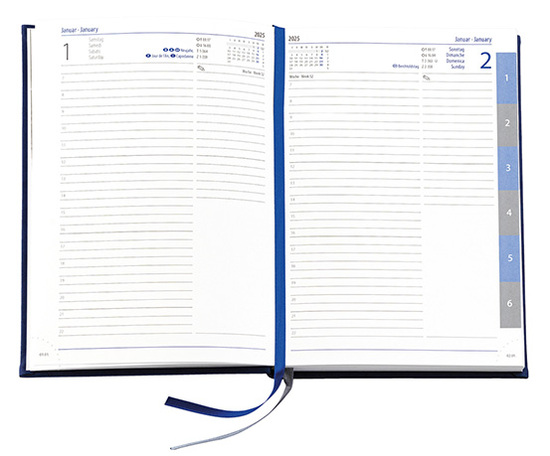 Buchkalender "Daily Chefkalender Register INT" im Format 14,5 x 20,5 cm, Kalendarium 4-sprachig D/F/I/GB Grau/Blau mit 2 Lesebändern und Registerstanzung, 416 Seiten Fadenheftung, Eckenperforation, Einband Balacron schwarz