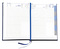 Buchkalender "Daily Chefkalender Register INT" im Format 14,5 x 20,5 cm, Kalendarium 4-sprachig D/F/I/GB Grau/Blau mit 2 Lesebändern und Registerstanzung, 416 Seiten Fadenheftung, Eckenperforation, Einband Balacron schwarz