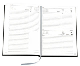 Buchkalender "Basic Chefkalender" im Format 14,5 x 20,5 cm, deutsches Kalendarium Grau mit Leseband, 320 Seiten Fadenheftung, Eckenperforation, Einband Balacron dunkelblau