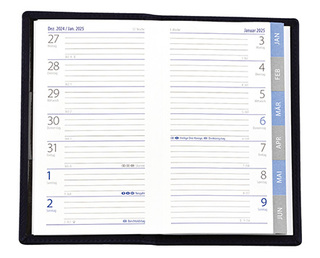 Taschenplaner "Exquisit Register" im Format 9,5 x 16 cm, deutsches Kalendarium Grau/Blau mit Registerstanzung, 64 Seiten gebunden + 16 Seiten Adressheft Register, eingesteckt in PVC-Hülle mittelblau