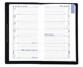Taschenplaner "Exquisit" im Format 9,5 x 16 cm, Kalendarium 4-sprachig D/F/I/GB Grau/Blau, 64 Seiten gebunden + 16 Seiten ABC-Heft, eingesteckt in PVC-Hülle schwarz