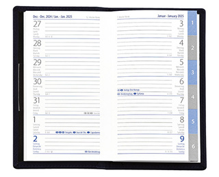 Taschenplaner "Exquisit Register INT" im Format 9,5 x 16 cm, Kalendarium 4-sprachig D/F/I/GB Grau/Blau mit Registerstanzung, 64 Seiten gebunden + 16 Seiten Adressheft Register, eingesteckt in Slinky-Hülle dunkelblau