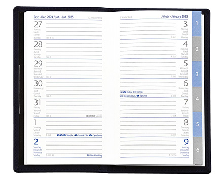 Taschenplaner "Exquisit Register INT" im Format 9,5 x 16 cm, Kalendarium 4-sprachig D/F/I/GB Grau/Blau mit Registerstanzung, 64 Seiten gebunden + 16 Seiten Adressheft Register, eingesteckt in Slinky-Hülle mittelblau