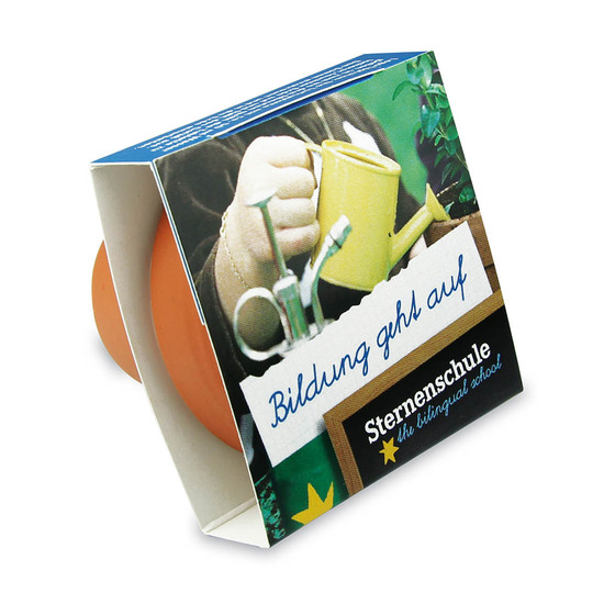 Logo-Töpfchen Banderole mit Samen - Margerite
