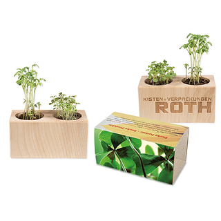 Pflanz-Holz 2er Set mit Samen - Glücksklee-Zwiebel, 1 Seite gelasert (* Je nach Verfügbarkeit der Glücksklee-Zwiebeln)