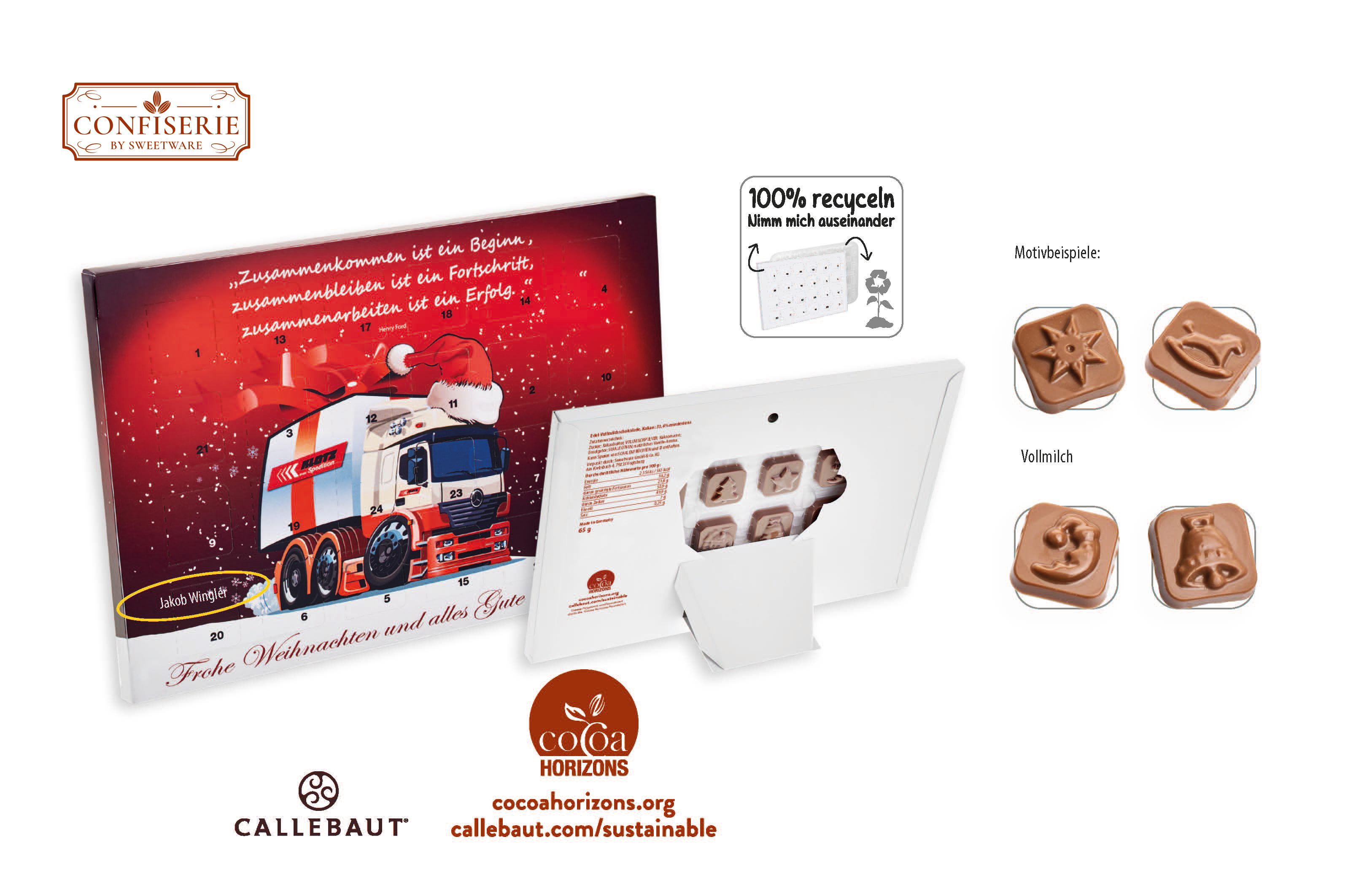 Tisch Adventskalender personalisiert, Inhalt: Callebaut Vollmilch Schokolade Kalender ca. 60 g