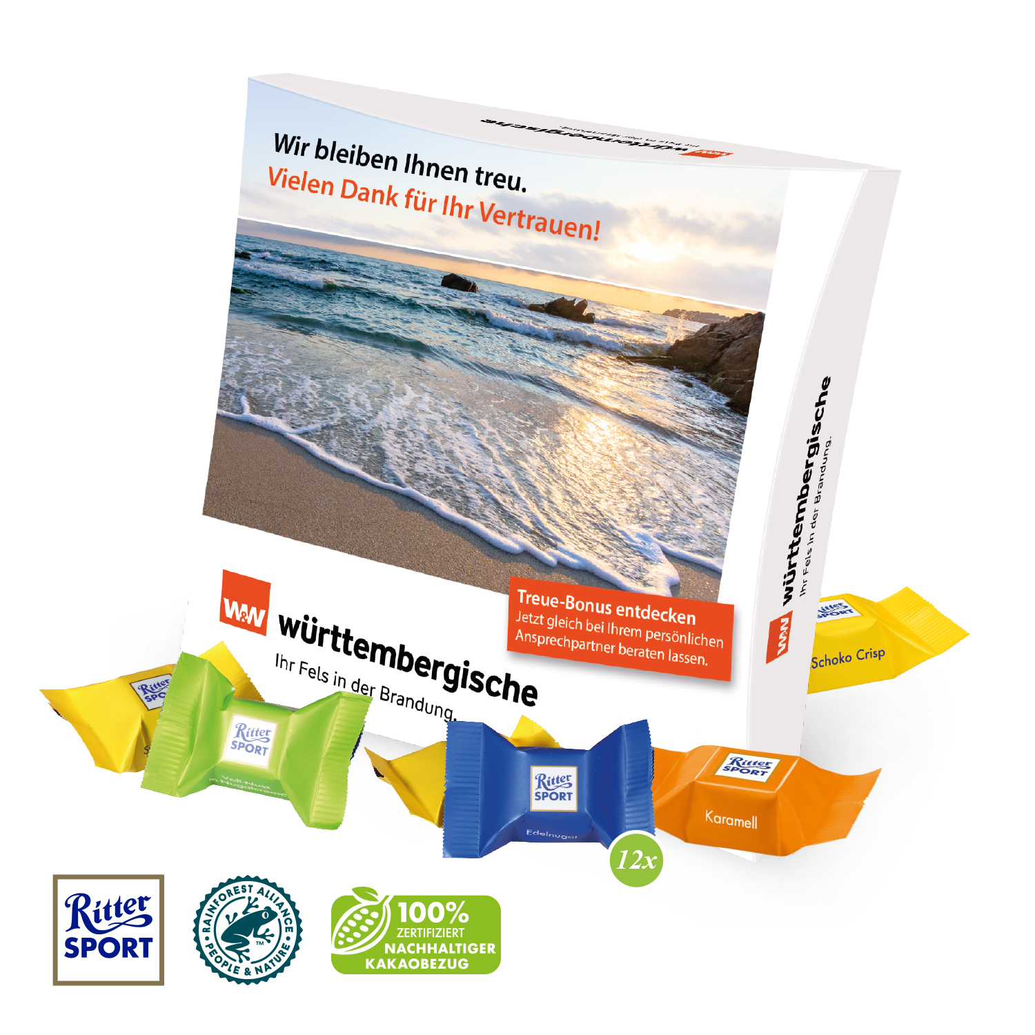 Präsentbox mit Ritter SPORT Schokowürfel
