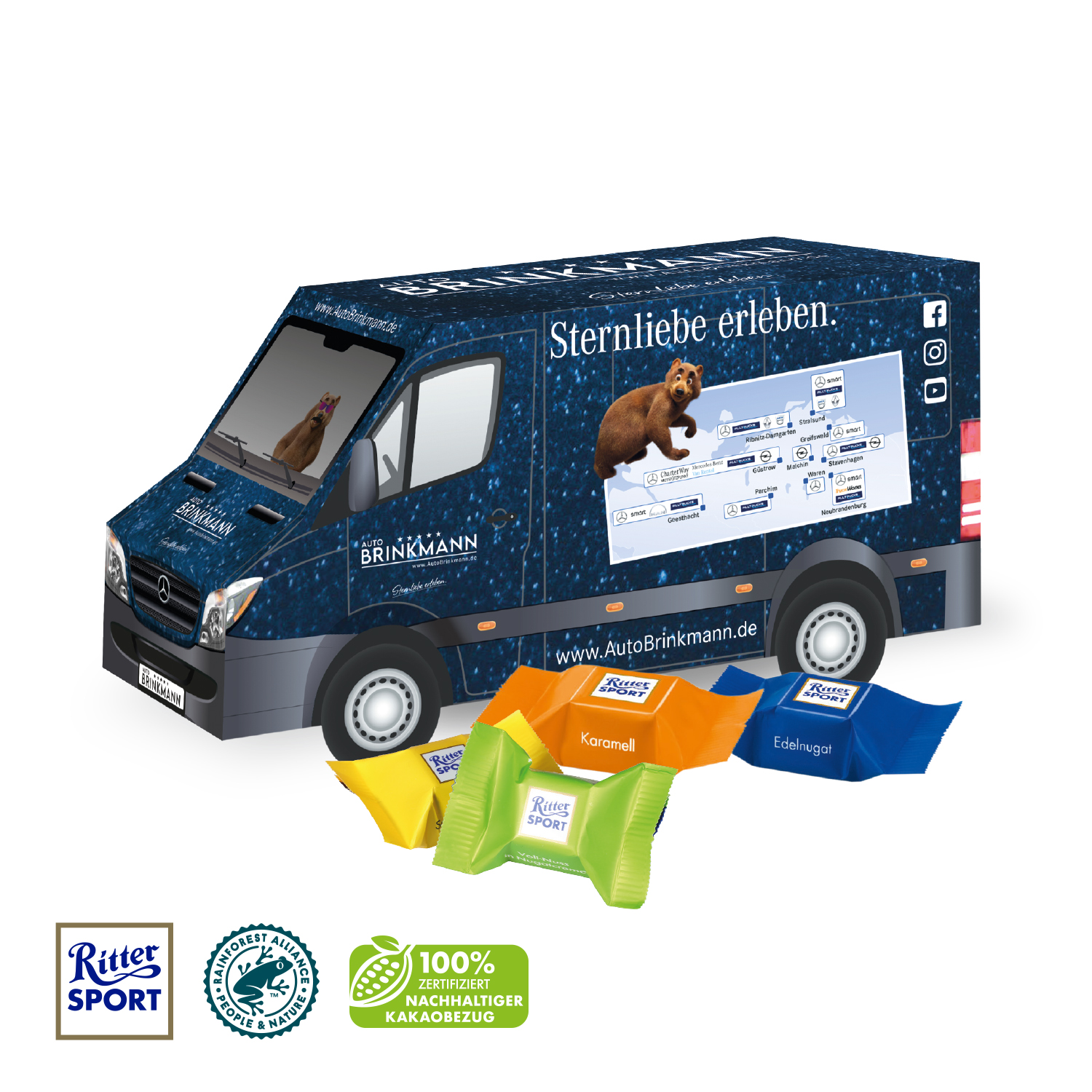 3D Präsent "Transporter" mit Ritter SPORT Schokowürfel