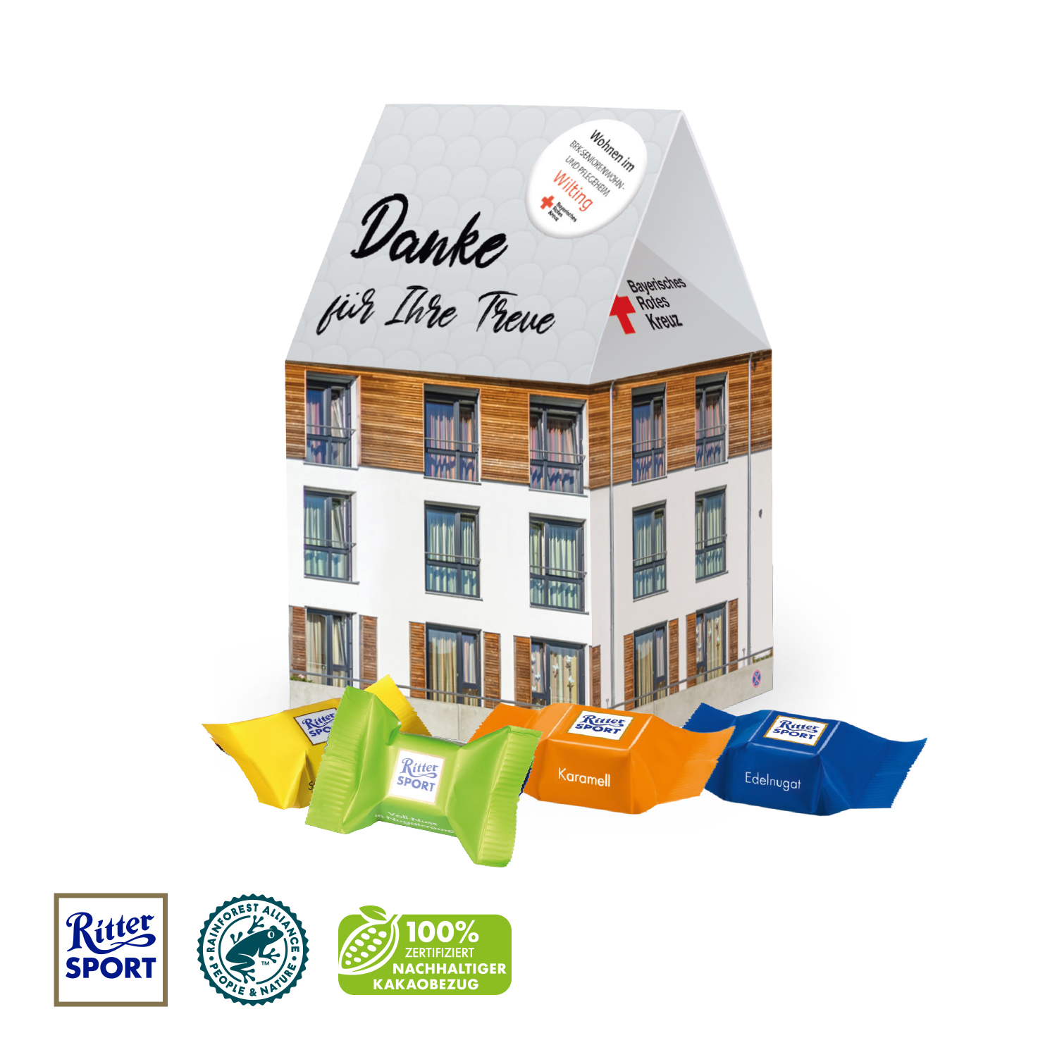 3D Präsent "Haus" mit Ritter SPORT Schokowürfel