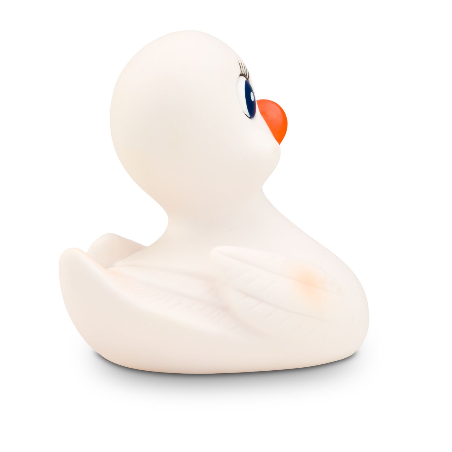 weiße Badeente Wendy mit orangenem Schnabel, Wimpern und blauen Augen. Größe: ca. 10 cm. Inklusive Quietschventil