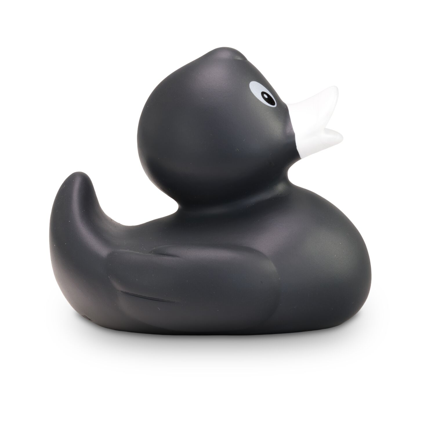anthrazite Werbeente Aaron Anthrazit mit weißem Schnabel in Standardform, Größe: ca. 8 cm. Inklusive Quietschventil