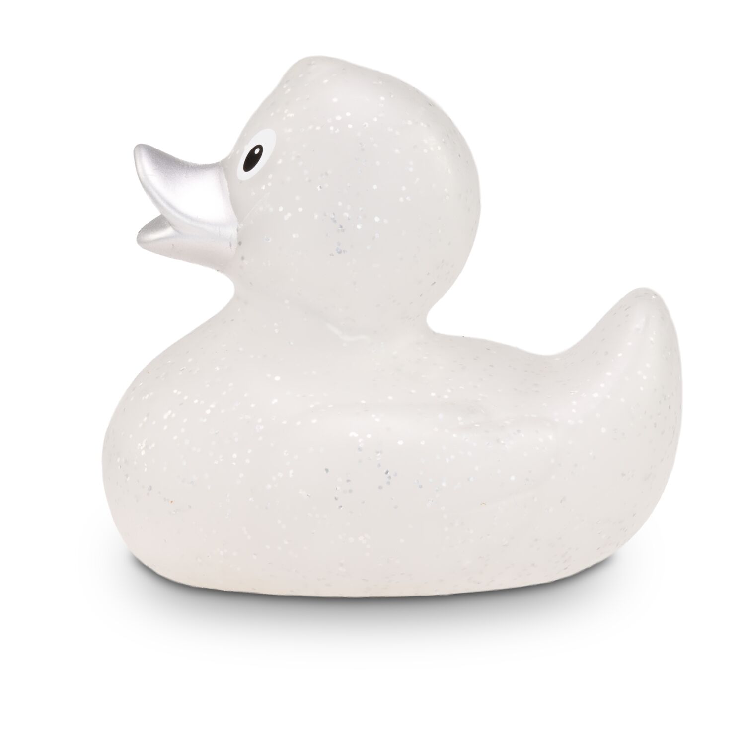 transparente Werbeente Silke Silberglitze mit silbernen Glitzerpartikeln und silbernem Schnabel, Größe: ca. 8 cm. Inklusive Quietschventil