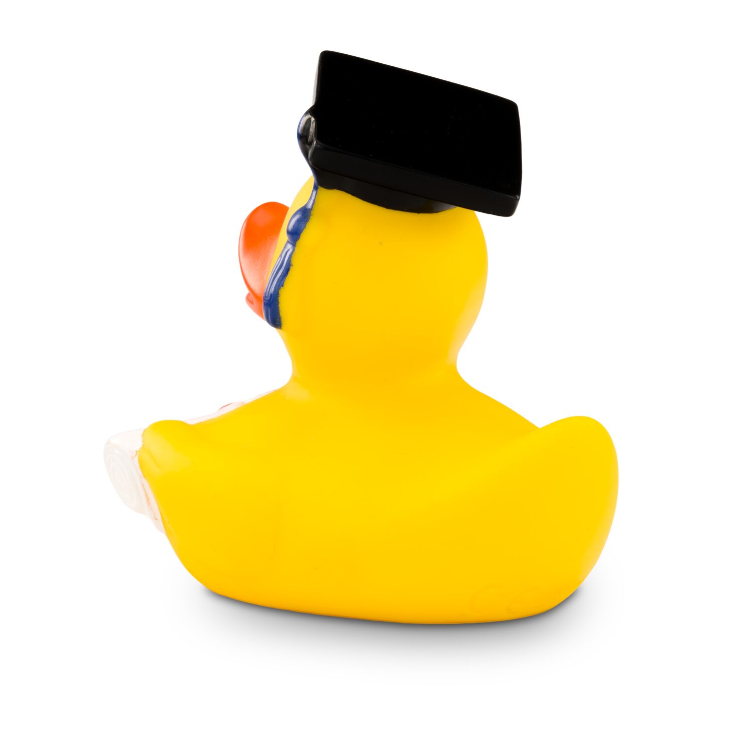 gelbe Werbeente Albert Akademiker mit Absolventenhut und Diplom, Größe: ca. 8 cm. Inklusive Quietschventil