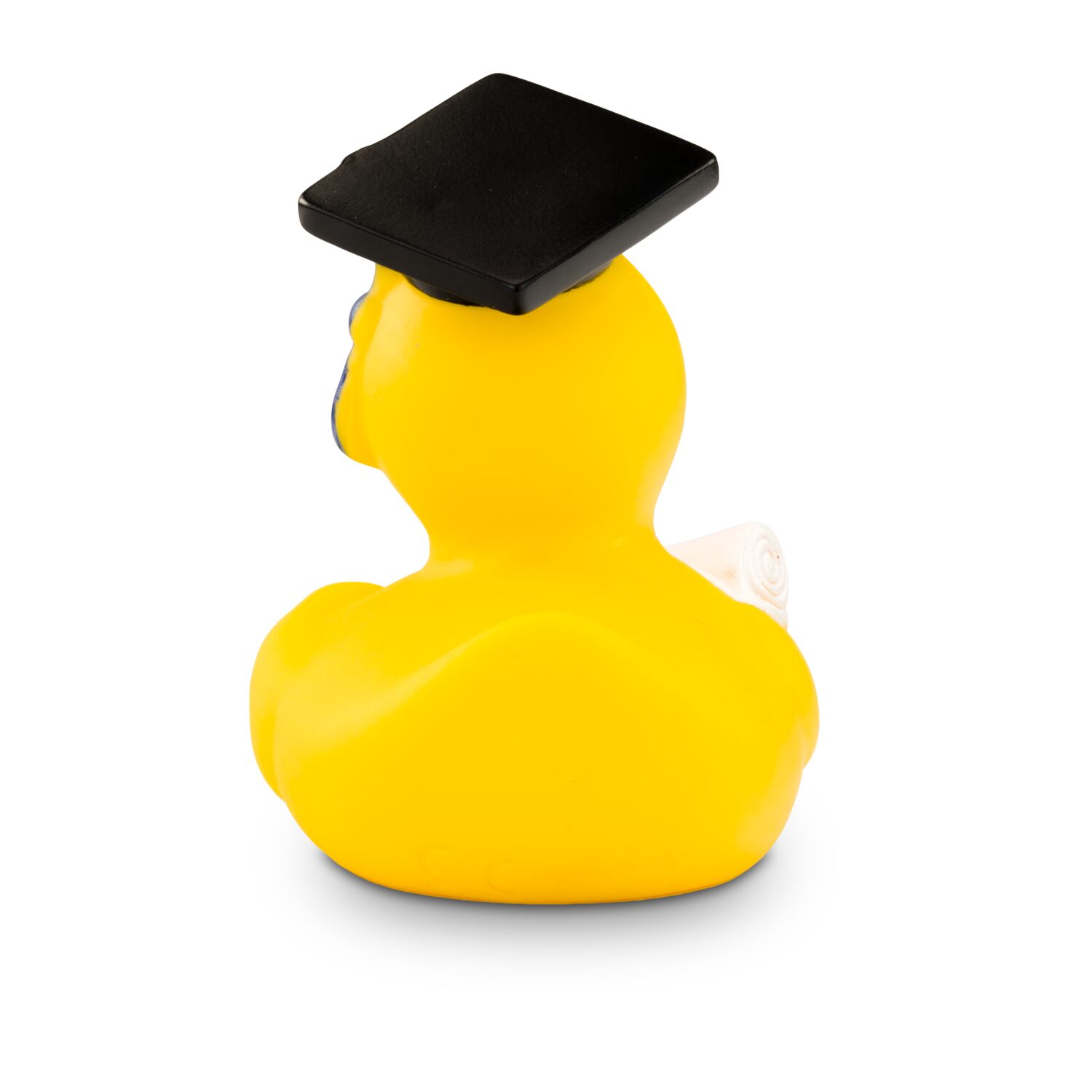 gelbe Werbeente Albert Akademiker mit Absolventenhut und Diplom, Größe: ca. 8 cm. Inklusive Quietschventil
