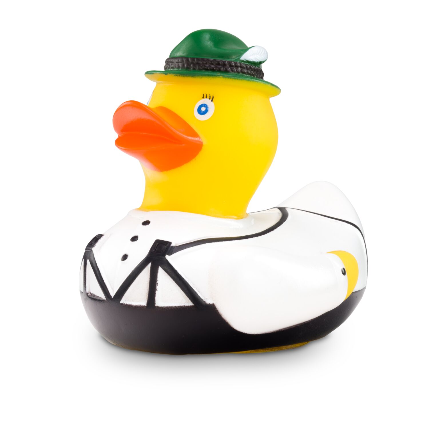 gelbe Werbeente Ludwig Lederhose mit Lederhose, Trachtenhemd und Filzhut, Größe: ca. 8 cm. Inklusive Quietschventil