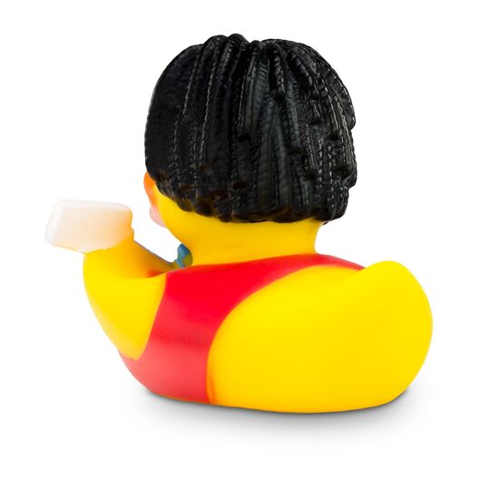 gelbe Badeente Ringo Rockstar mit Lockenkopf, Sonnenbrille, rotem Shirt und E-Gitarre, Größe: ca. 8 cm. Inklusive Quietschventil