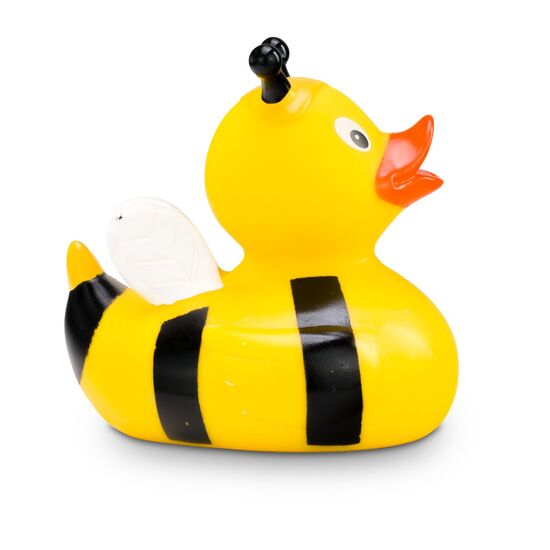 gelbe Badeente Susi Summ mit Biennen-Outfit: Streifen, Antennen und Flügel, Größe: ca. 8 cm. Inklusive Quietschventil
