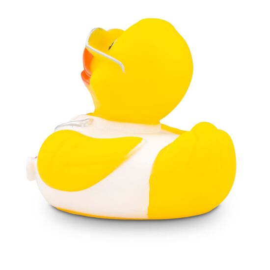gelbe Badeente Max Medicus trägt mit Arztkittel, Stethoskop und Brille,Größe: ca. 8 cm. Inklusive Quietschventil