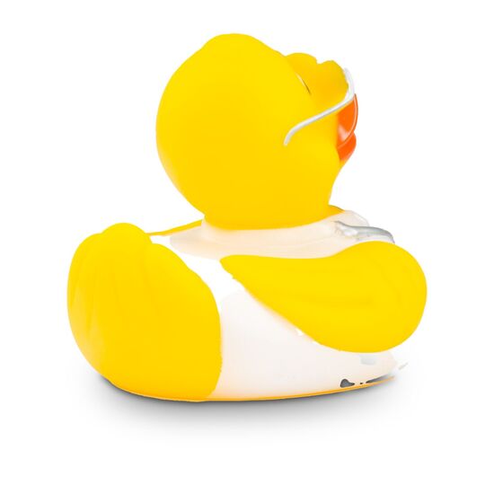 gelbe Badeente Max Medicus trägt mit Arztkittel, Stethoskop und Brille,Größe: ca. 8 cm. Inklusive Quietschventil