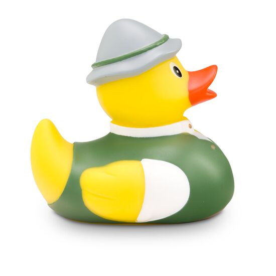 gelbe Werbeente Anton Alm mit weißem Trachtenhemd, Weste inklusive Edelweiß-Print und Filzhut, Größe: ca. 8 cm. Inklusive Quietschventil