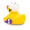 gelbe Werbeente Kai Kickflip mit Helm und Skateboard, Größe: ca. 8 cm. Inklusive Quietschventil