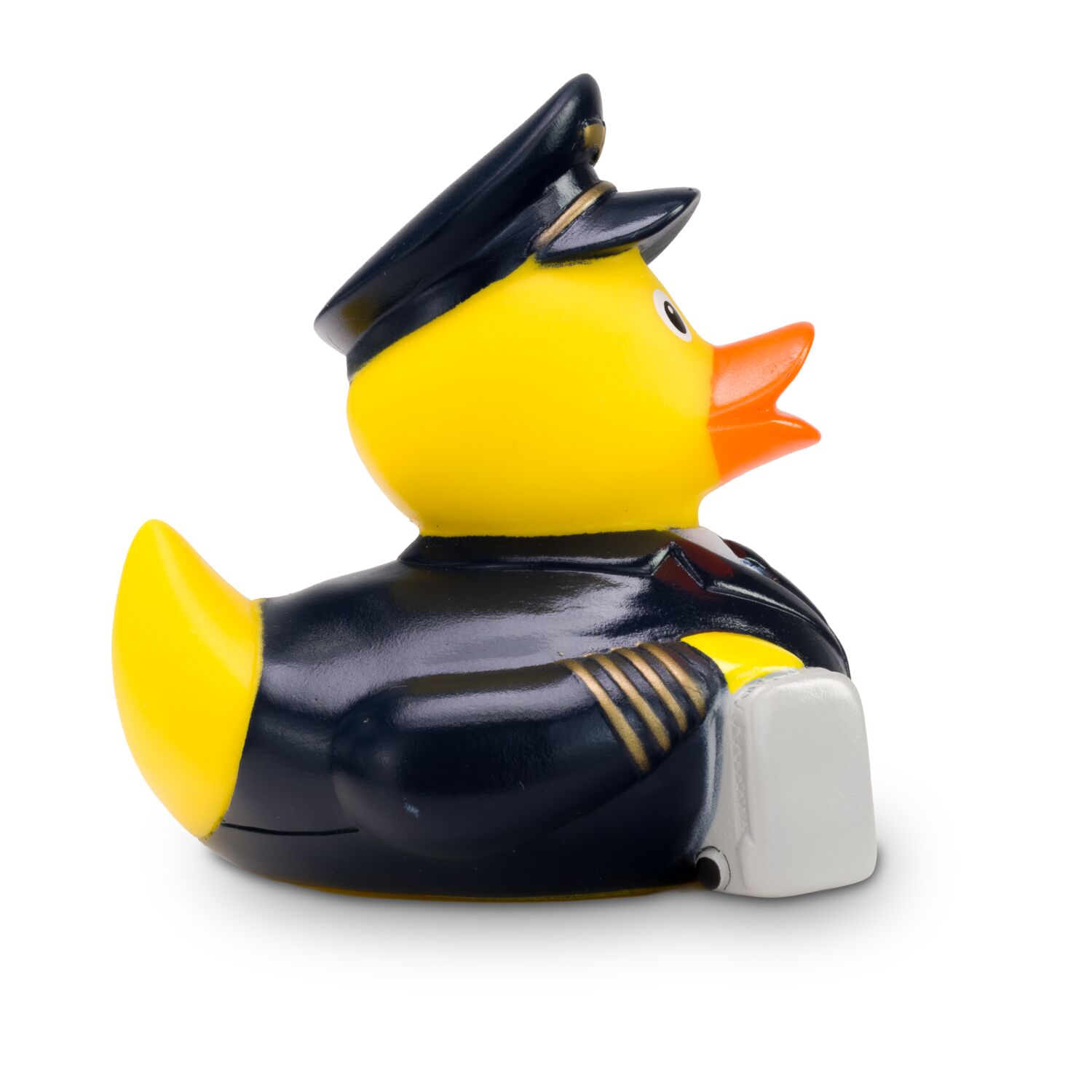 gelbe Werbeente Pepe Pilot mit Piloten-Uniform mit Krawatte, Mütze und Koffer, Größe: ca. 8 cm. Inklusive Quietschventil