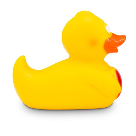 gelbe Werbeente Henriette Herz mit orangenem Schnabel und rotem Herz auf der Brust, Größe: ca. 8 cm. Inklusive Quietschventil
