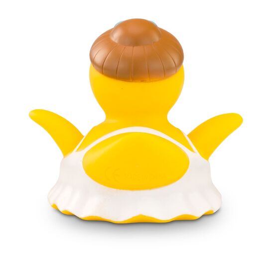 gelbe Werbeente Bella Ballerinamit Ballerina-Outfit und Hochsteck-Frisur, Größe: ca. 8 cm. Inklusive Quietschventil